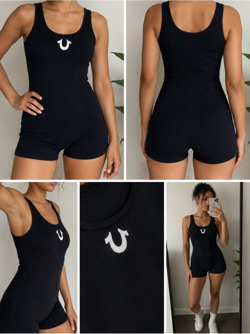 True Religion Black Ribbed Tank Romper with Logo